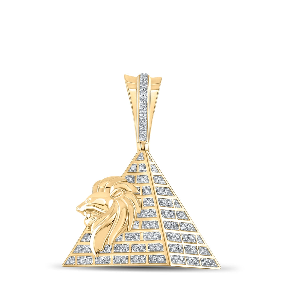 10K Yellow Gold Mens Round Diamond Lion Pyramid Charm Pendant 1/4 Cttw