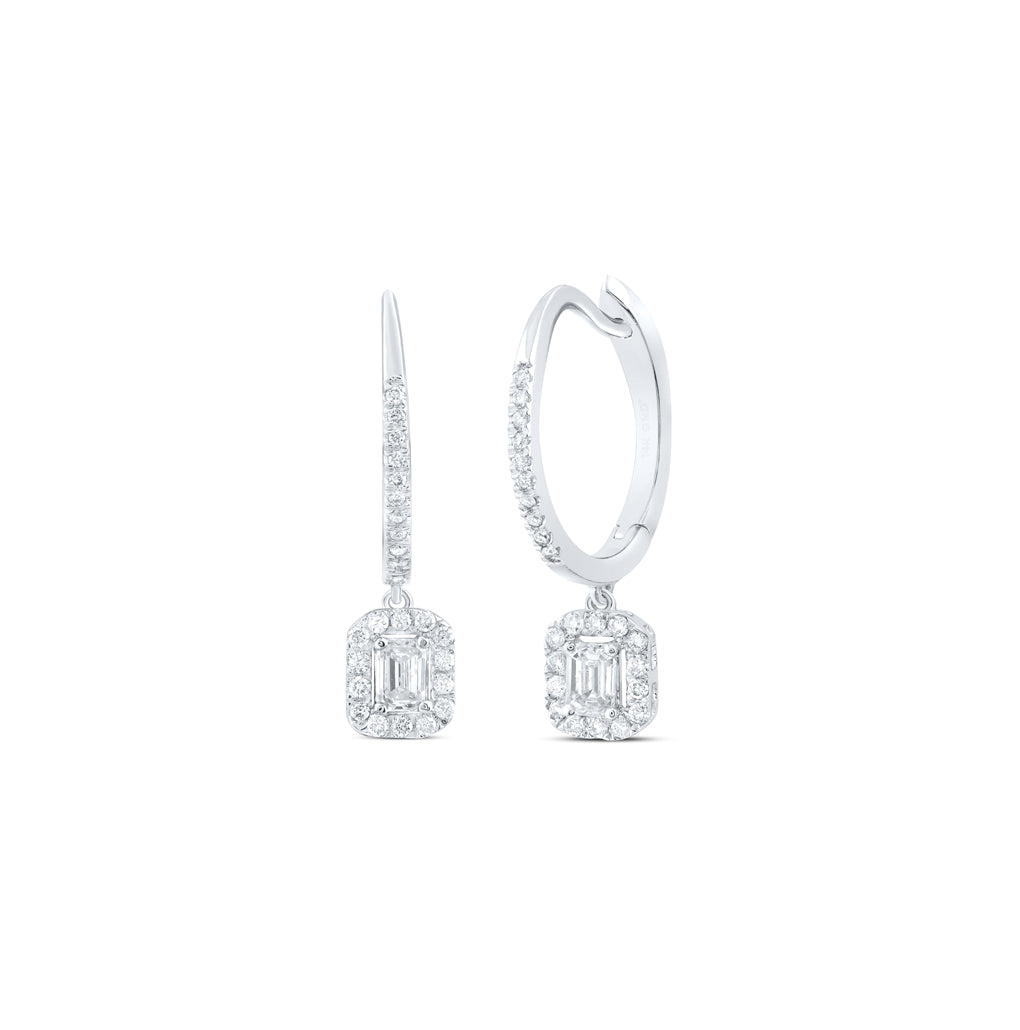 14K White Gold Womens Emerald Diamond Hoop Dangle Earrings 1/2 Cttw