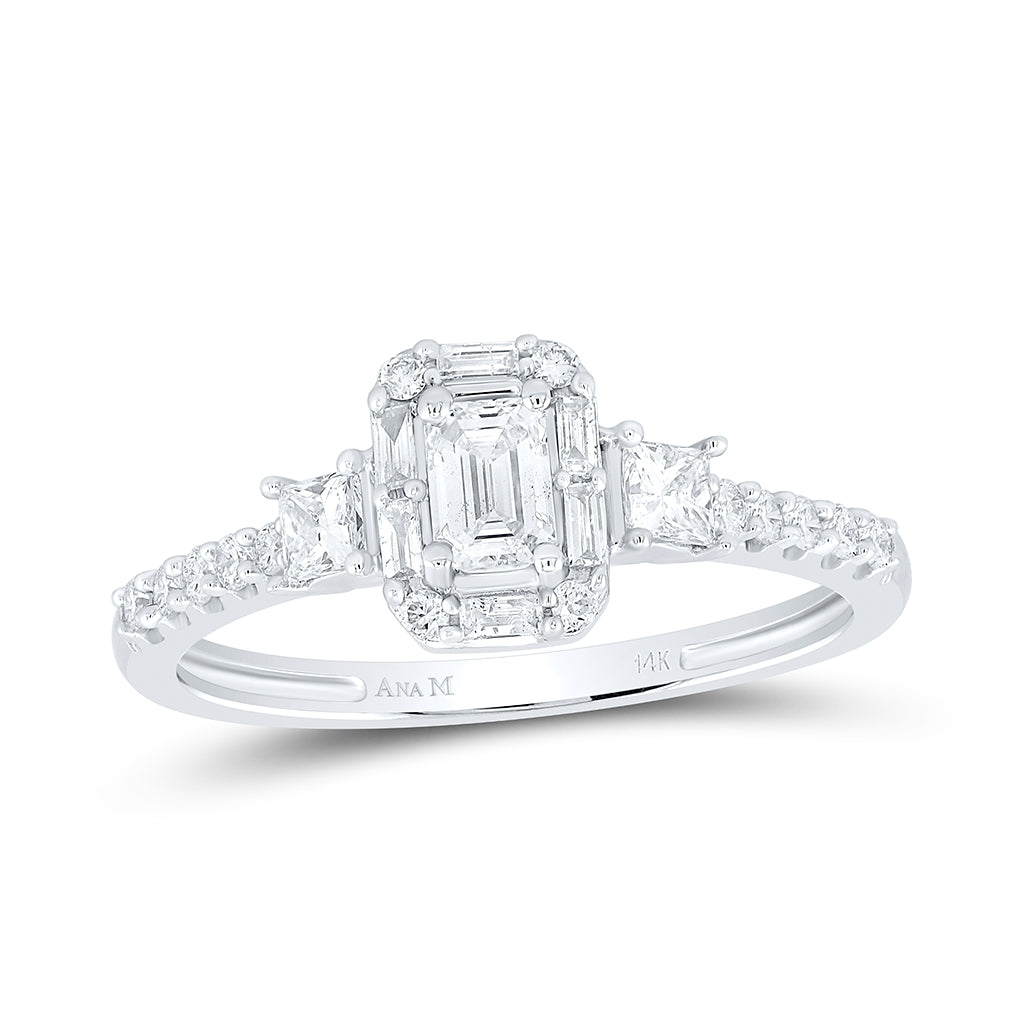 14K White Gold Emerald Diamond 3-stone Bridal Wedding Engagement Ring 5/8 Cttw, Womens Size: 5-10