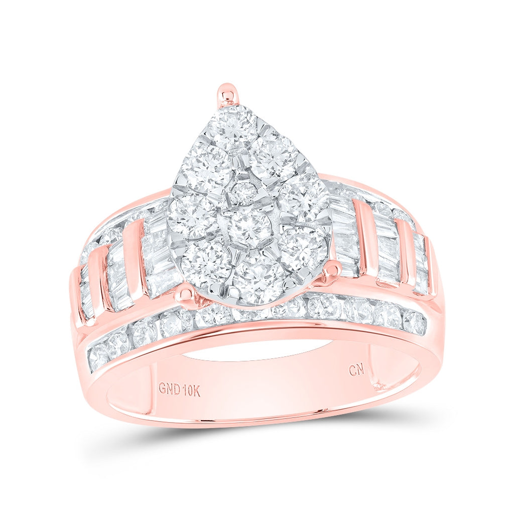 10K Rose Gold Round Diamond Tear Cluster Bridal Wedding Engagement Ring 2 Cttw, Womens Size: 5-10