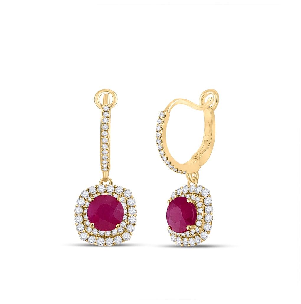 14K Yellow Gold Womens Round Ruby Diamond Hoop Dangle Earrings 2-3/4 Cttw
