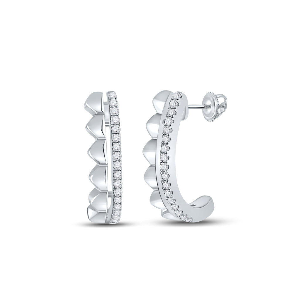 14K White Gold Womens Round Diamond Half J Hoop Earrings 1/10 Cttw