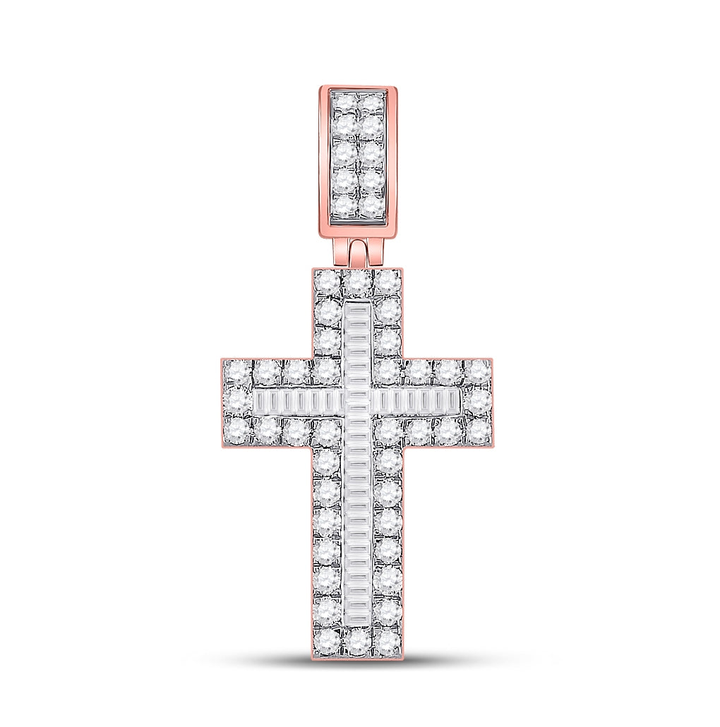 10K Rose Gold Mens Baguette Diamond Cross Charm Pendant 1-5/8ctw