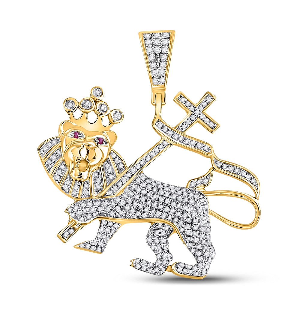 10kt Yellow Gold Mens Round Diamond Lion Cross Banner Charm Pendant 7/8 Cttw
