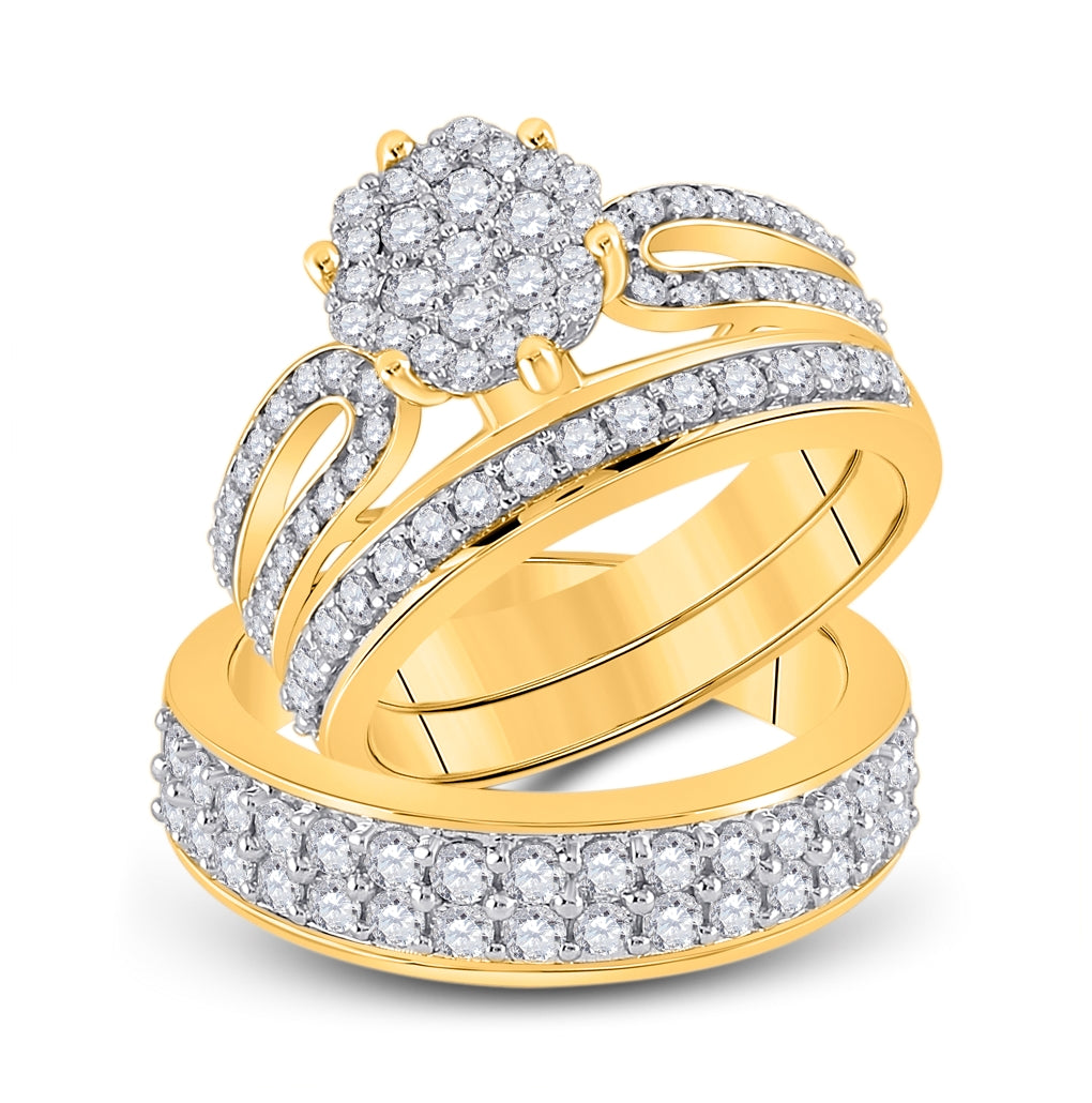 14K Yellow Gold His Hers Round Diamond Cluster Matching Wedding Set 1-3/4ctw, Women's Size: 5-10, Mens Size: 7-13