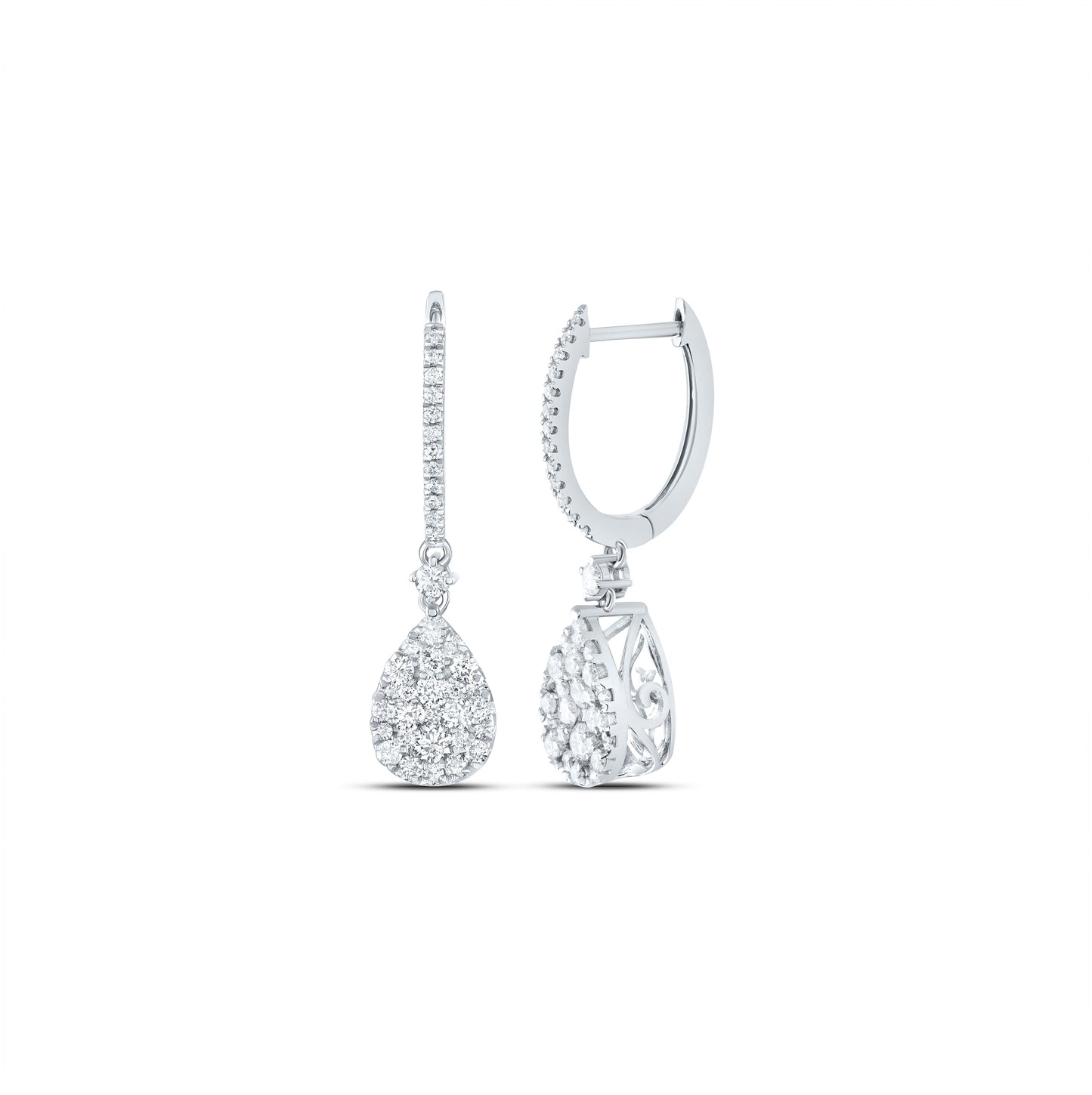 14K White Gold Womens Round Diamond Hoop Teardrop Dangle Earrings 1 Cttw