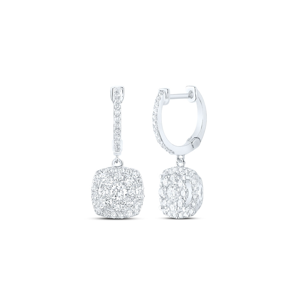 14K White Gold Womens Round Diamond Hoop Square Dangle Earrings 1 Cttw, Length: 0.91 In, Width: 0.27 In