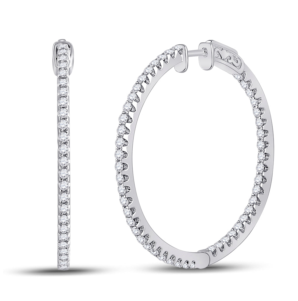 14K White Gold Womens Round Diamond Slender Single Row Hoop Earrings 1-1/2 Cttw, Length: 1.44 In
