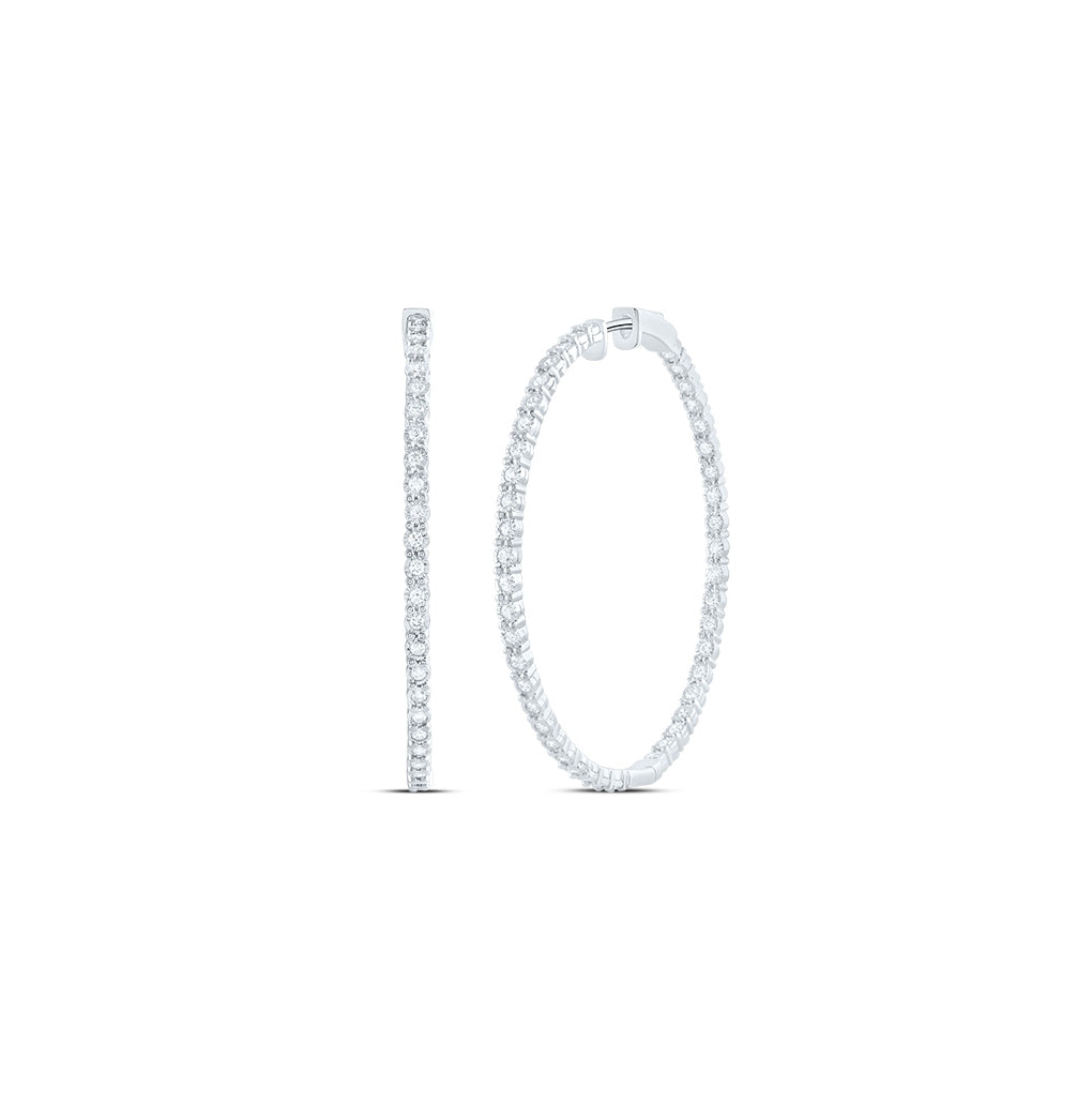 14K White Gold Womens Round Diamond Inside-Outside Hoop Earrings 1-1/4 Cttw, Length: 1.88 In