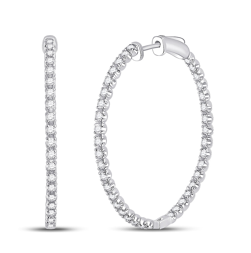 14K White Gold Womens Round Diamond Inside-Outside Hoop Earrings 1-5/8 Cttw