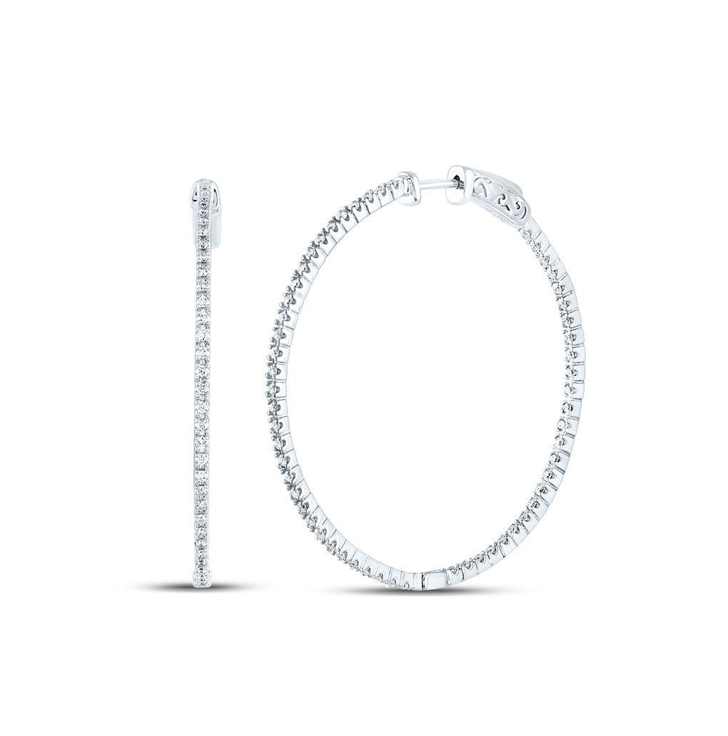 14kt White Gold Womens Round Diamond Inside-outside Hoop Earrings 7/8 Cttw