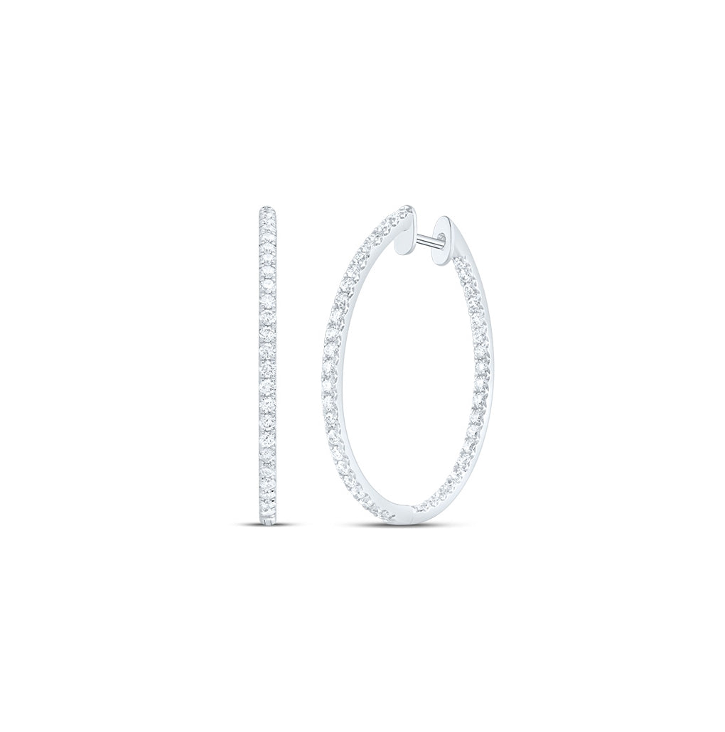 14K White Gold Womens Round Diamond Slender Single Row Hoop Earrings 1-1/2 Cttw, Length: 1.16 In