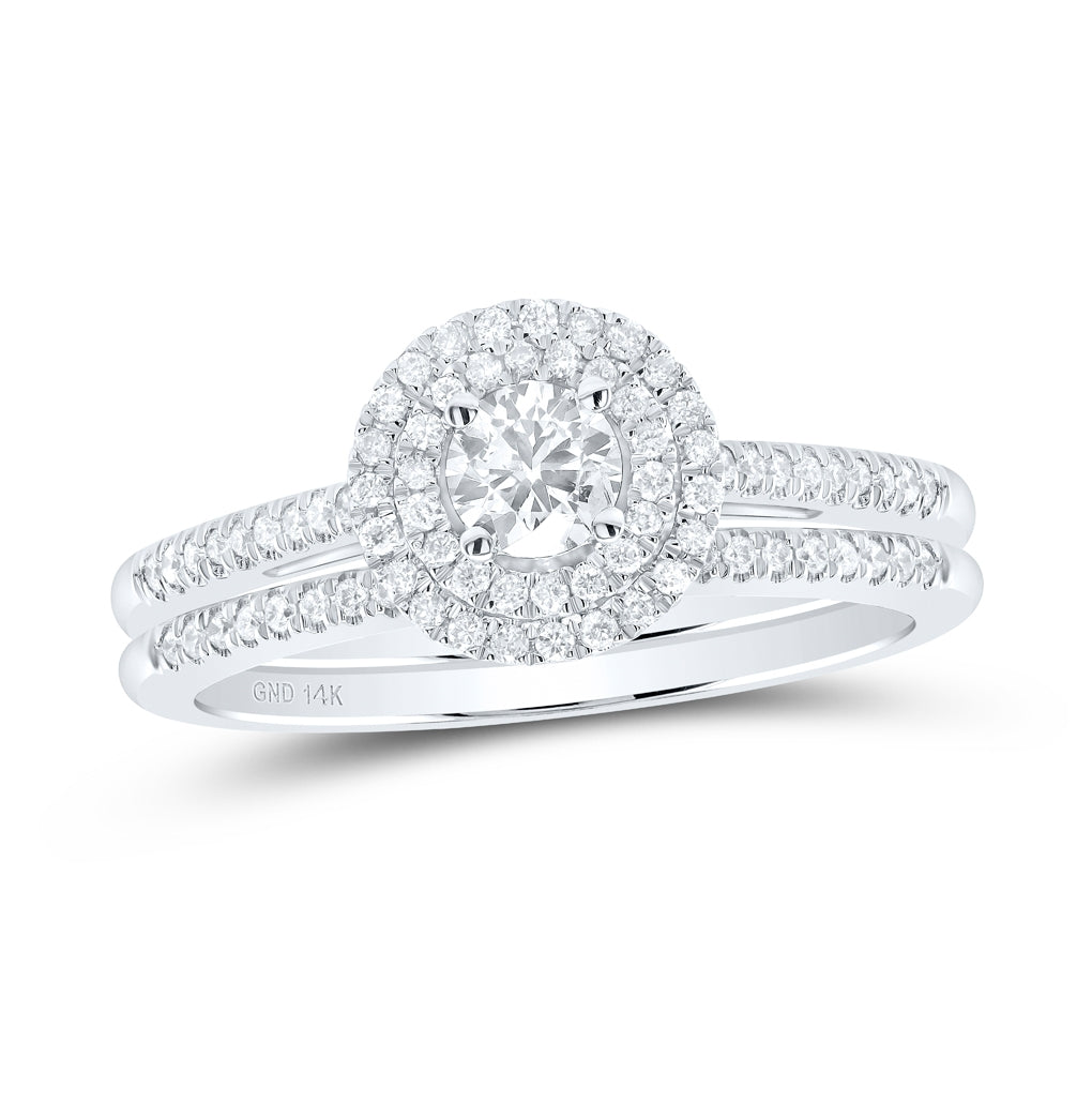 14K White Gold Round Diamond Halo Bridal Wedding Ring Band Set 1/2ctw, Womens Size: 5-10