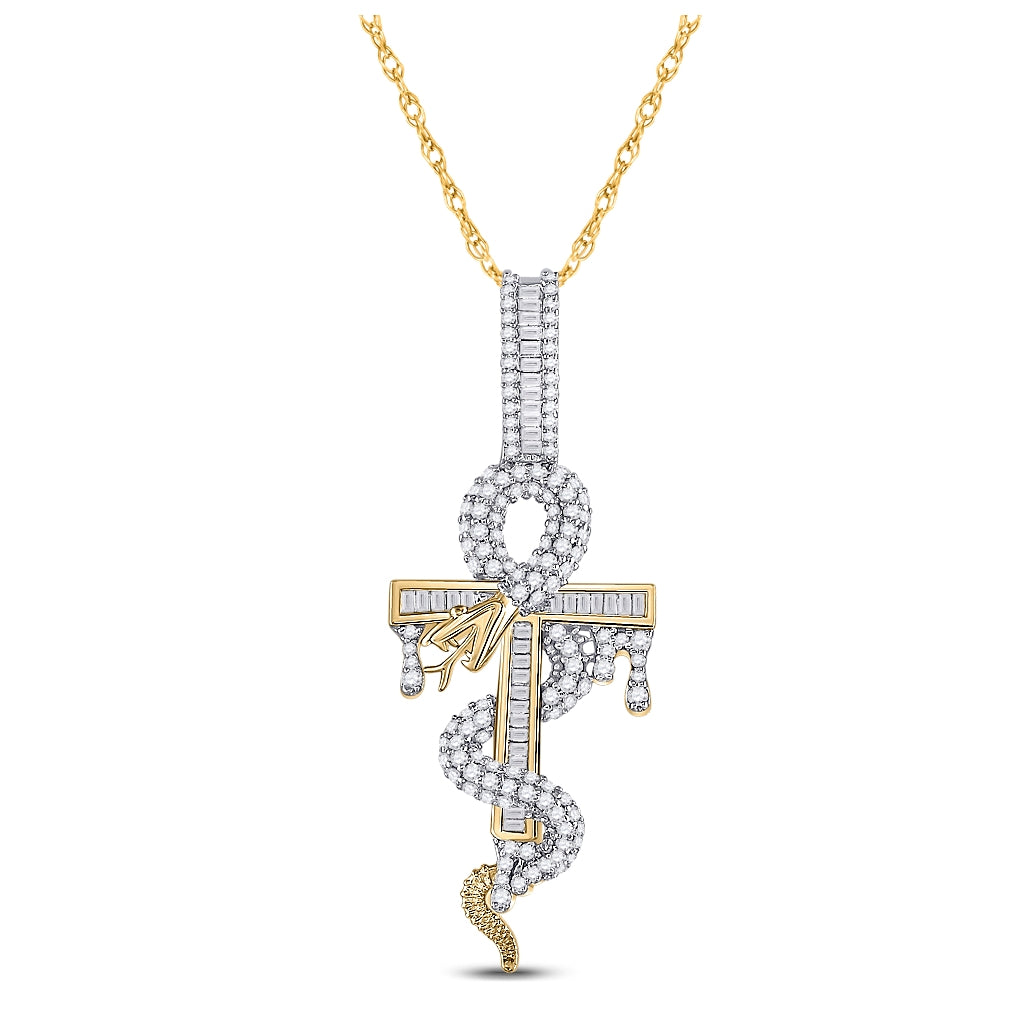 10K Yellow Gold Mens Baguette Diamond Snake Ankh Cross Charm Pendant 1-1/5 Cttw