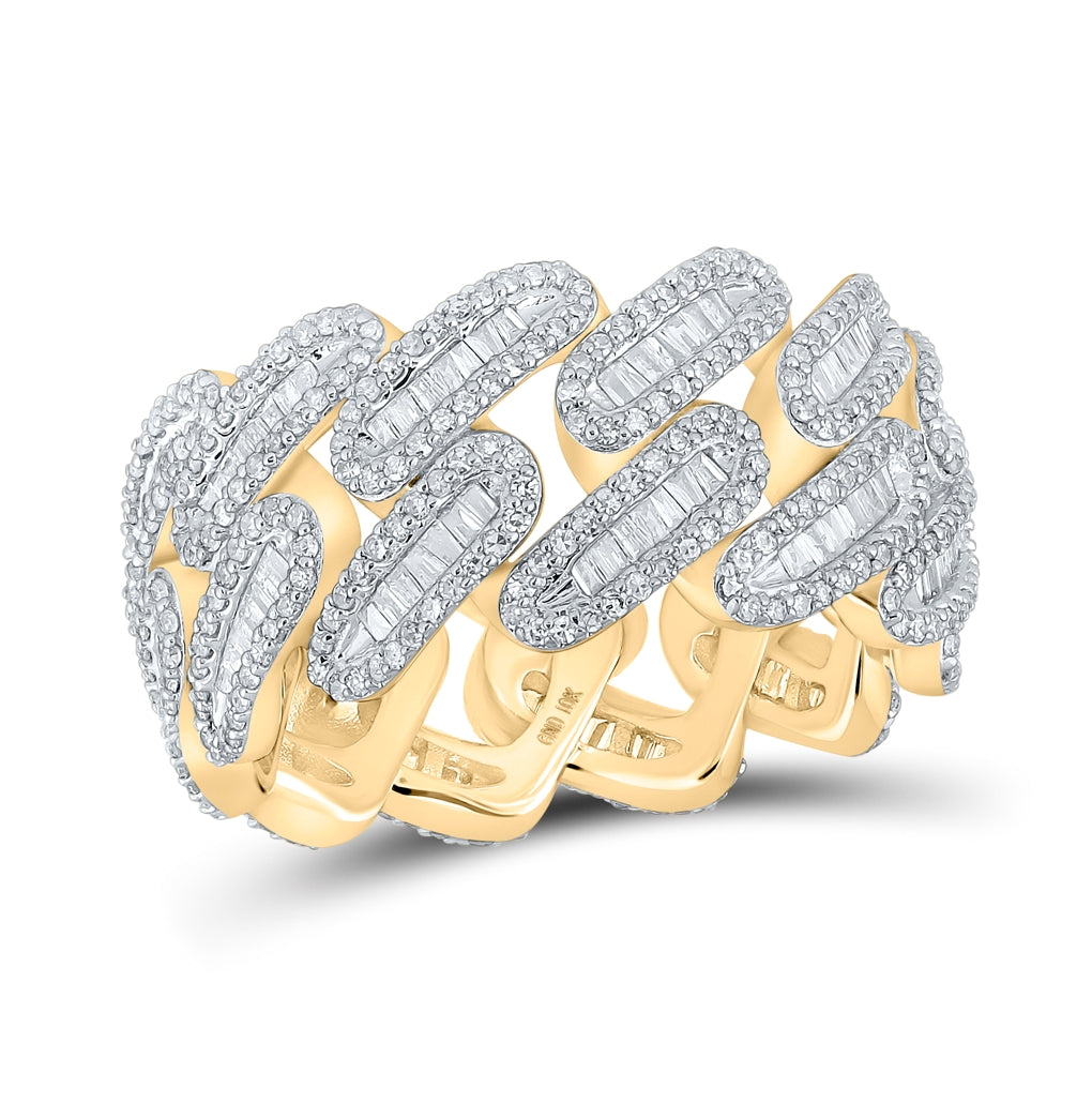 10K Yellow Gold Mens Baguette Diamond Cuban Link Band Ring 2-1/3 Cttw, Mens Size: 7-13