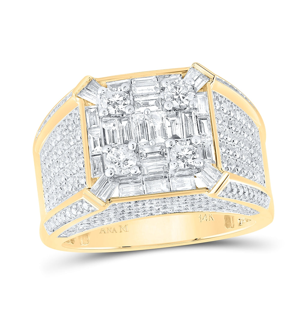 14K Yellow Gold Mens Baguette Diamond Square Ring 2-7/8 Cttw, Mens Size: 7-13