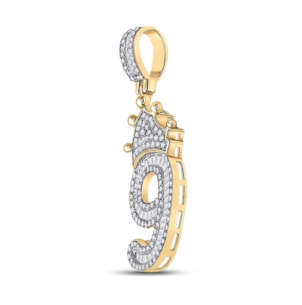 10K Yellow Gold Mens Baguette Diamond Number Crown Charm Pendant