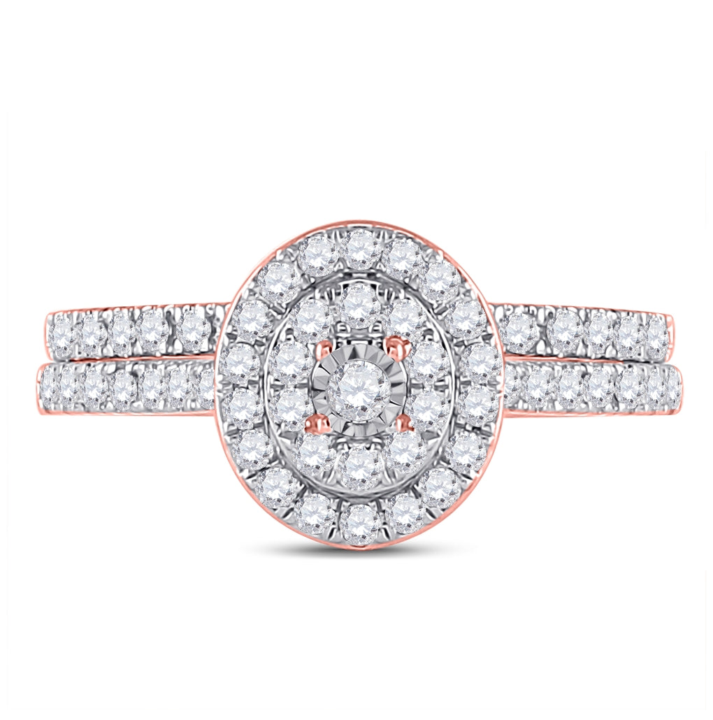 10K Rose Gold Round Diamond Oval Halo Bridal Wedding Ring Band Set 1/2 Cttw, Womens Size: 5-10