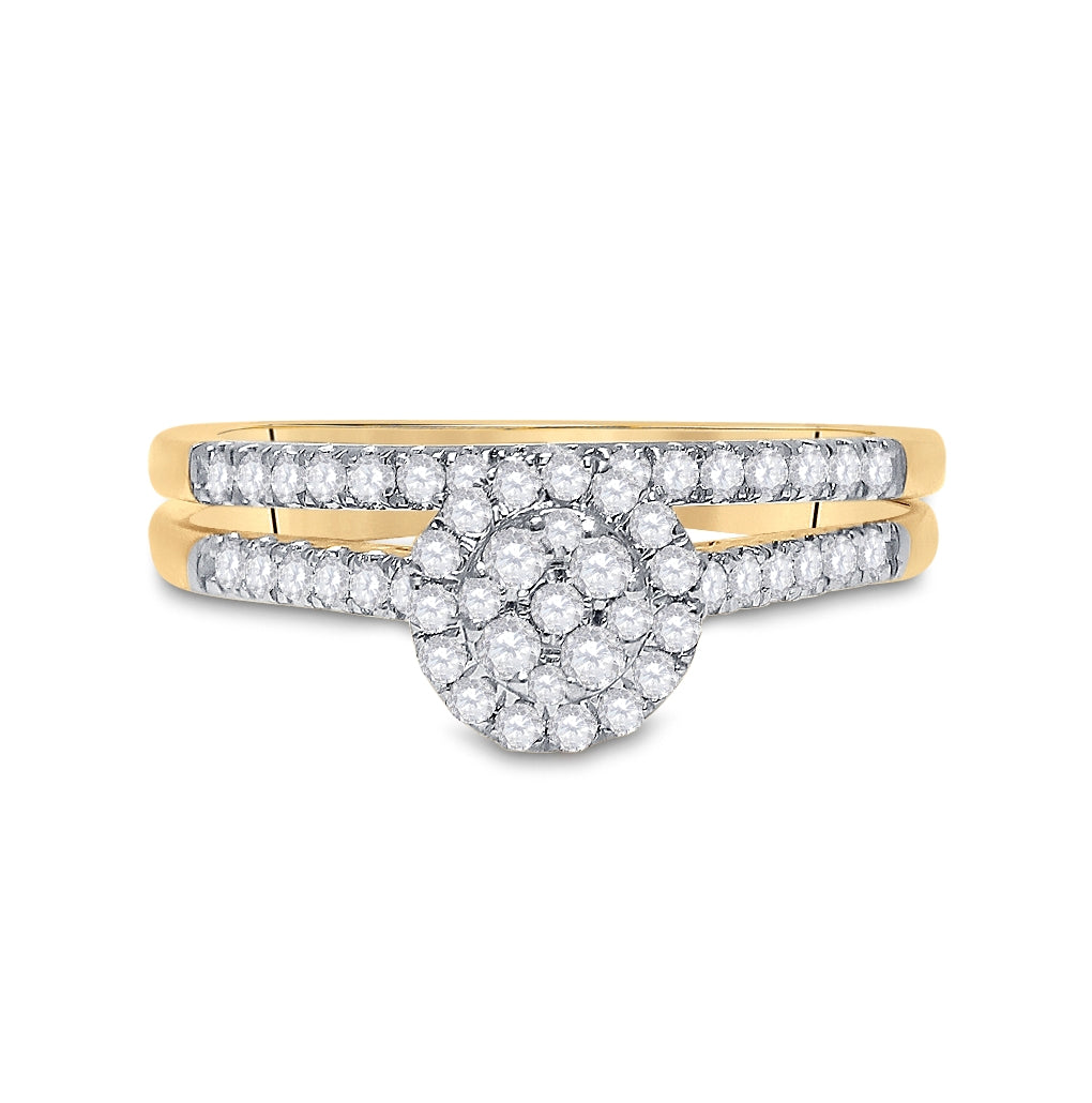 14K Yellow Gold Round Diamond Cluster Bridal Wedding Ring Band Set 1/2 Cttw, Womens Size: 5-10