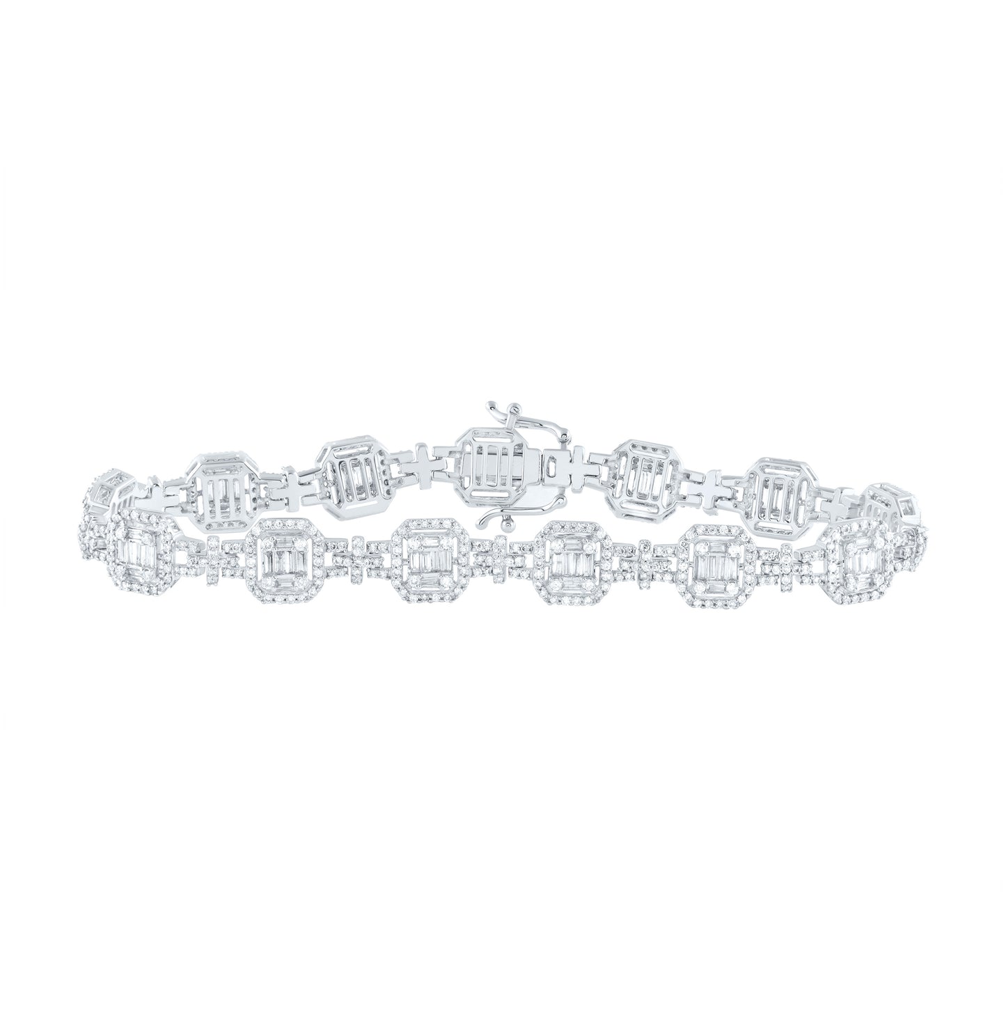 14K White Gold Womens Baguette Diamond Square Link Bracelet 3 Cttw