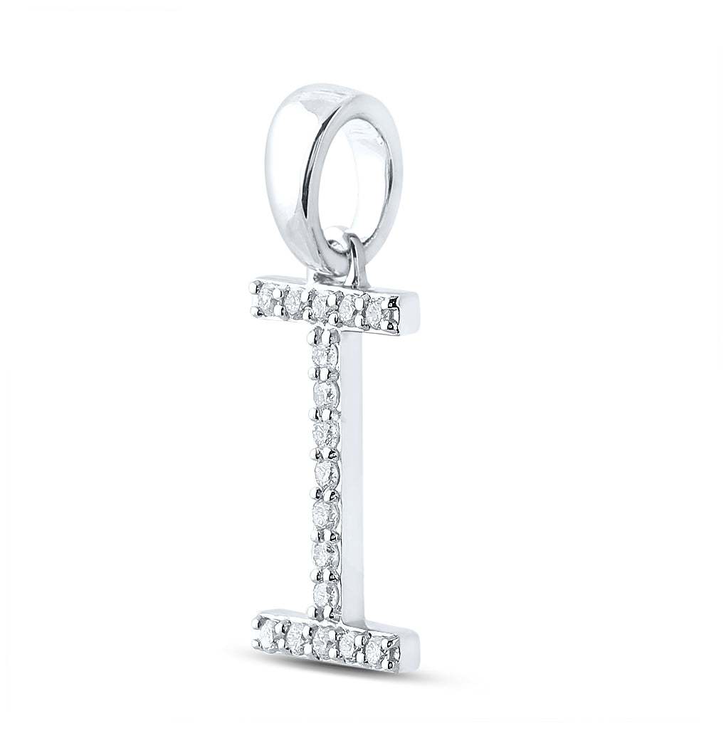 10K White Gold Womens Round Diamond I Initial Letter Pendant 1/8 Cttw, Length: 0.8 In, Width: 0.46 In