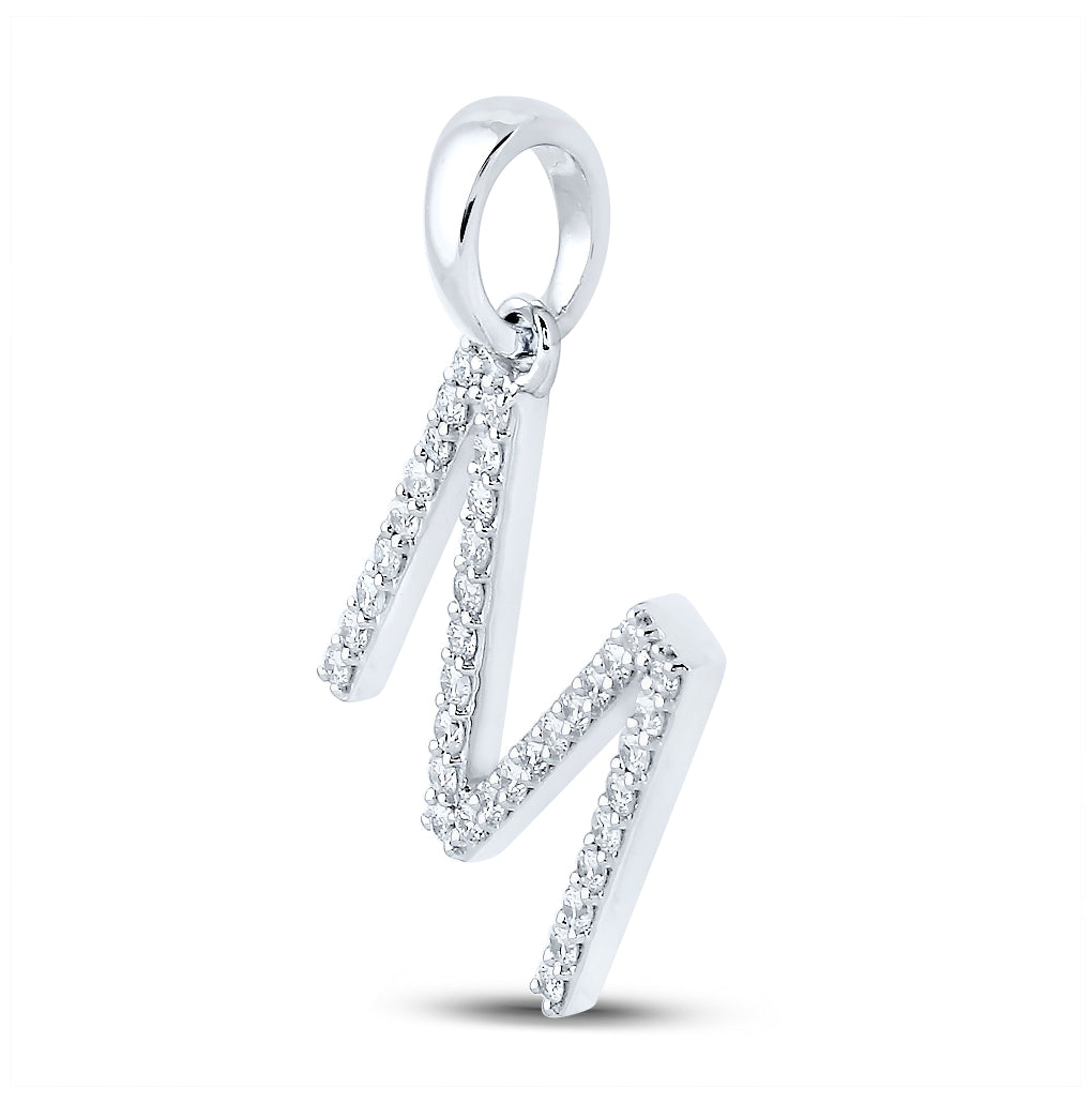 10K White Gold Womens Round Diamond M Initial Letter Pendant 1/4 Cttw, Length: 0.8 In, Width: 0.46 In