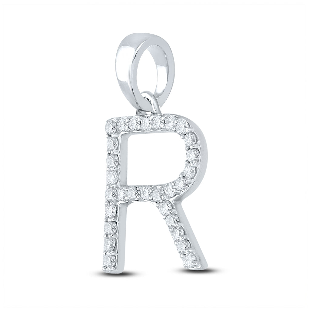 10K White Gold Womens Round Diamond R Initial Letter Pendant 1/5 Cttw, Length: 0.8 In, Width: 0.46 In