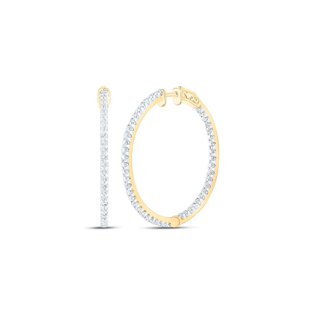 14K Yellow Gold Womens Round Diamond Inside Outside Hoop Earrings 1-1/2 Cttw, Length: 1.44 In