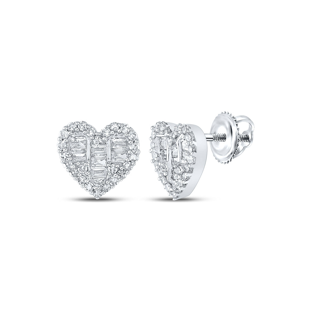 10K White Or Yellow Gold Womens Baguette Diamond Heart Earrings