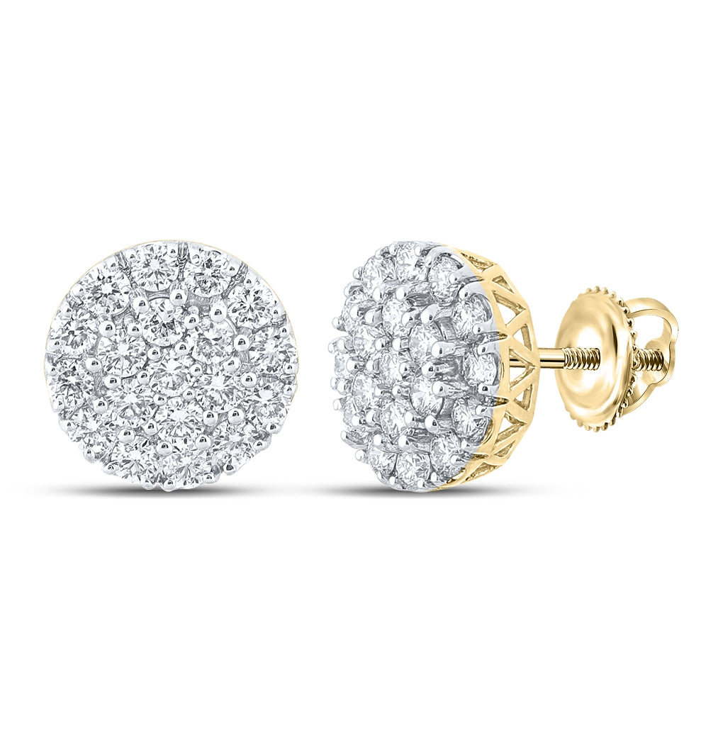 10K Yellow Gold Round Diamond Cluster Earrings 1-5/8 Cttw, Length: 0.43 In, Width: 0.41 In