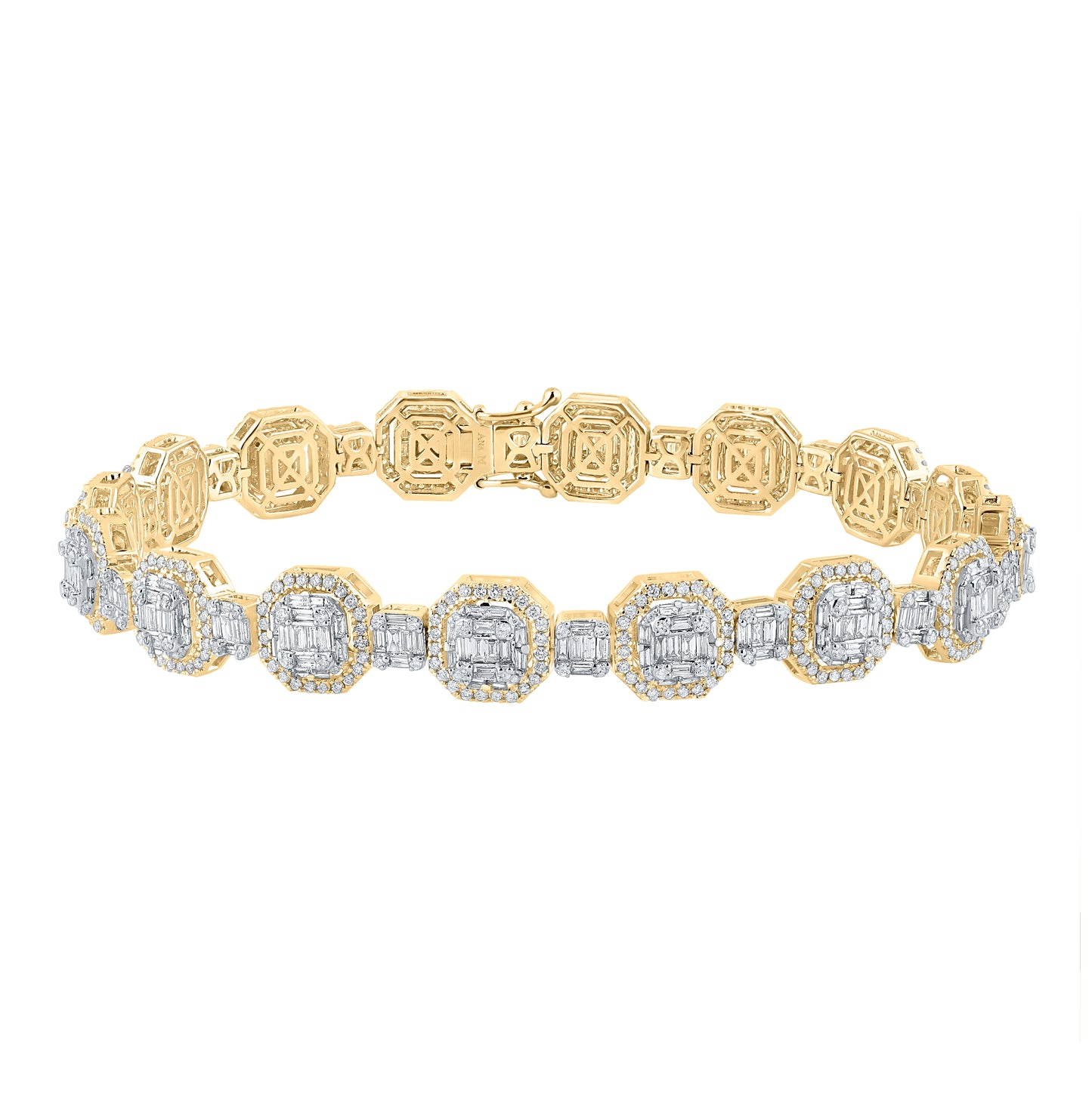 14K Yellow Gold Mens Baguette Diamond Octagon Link Bracelet 6-1/4 Cttw