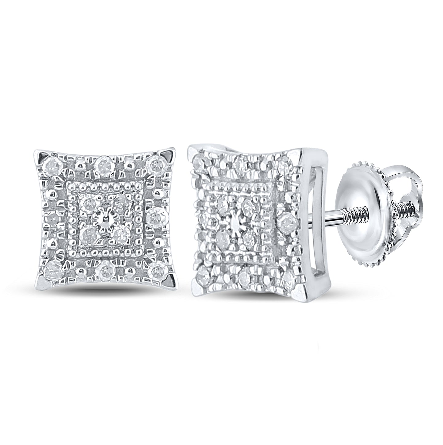 10K White Gold Womens Round Diamond Square Earrings 1/8 Cttw