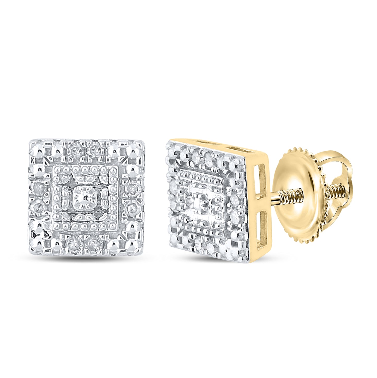 10K Yellow Gold Womens Round Diamond Square Earrings 1/8 Cttw, Length: 0.27 In, Width: 0.28 In
