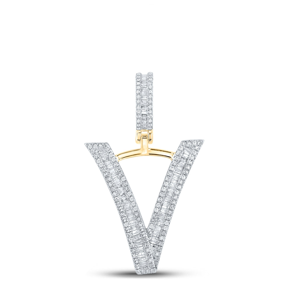 10K Yellow Gold Mens Baguette Diamond Initial Letter Charm Pendant