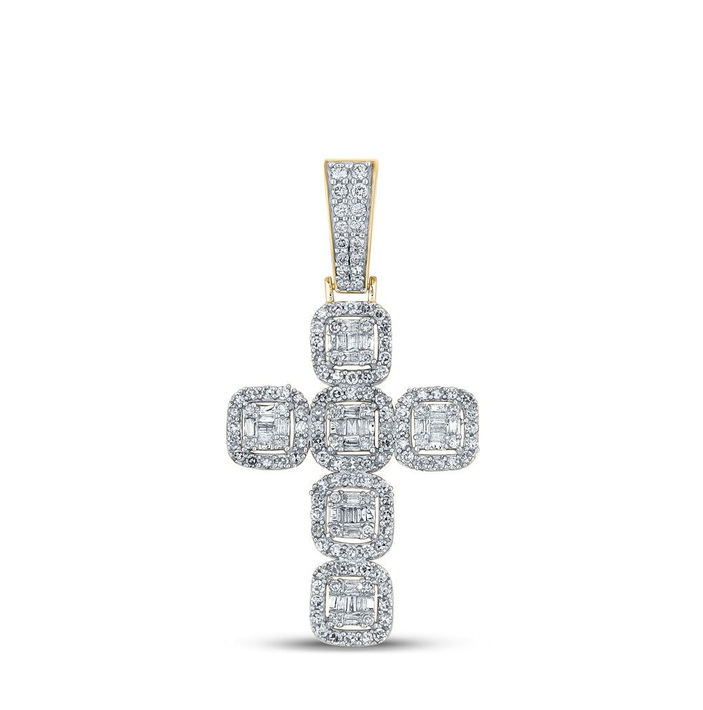 10K Yellow Gold Mens Baguette Diamond Cross Charm Pendant 1-1/3ctw