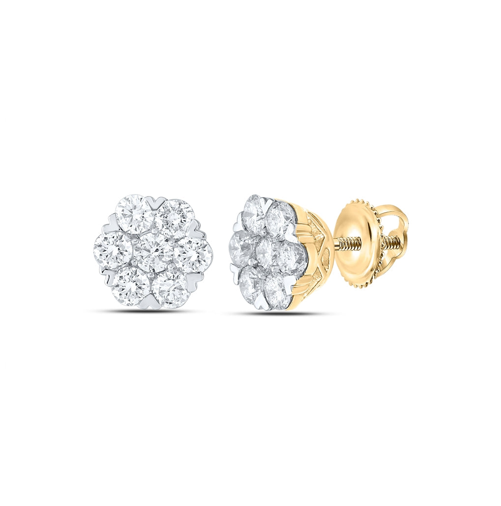 14K Yellow Gold Womens Round Diamond Flower Cluster Earrings 1-3/4ctw