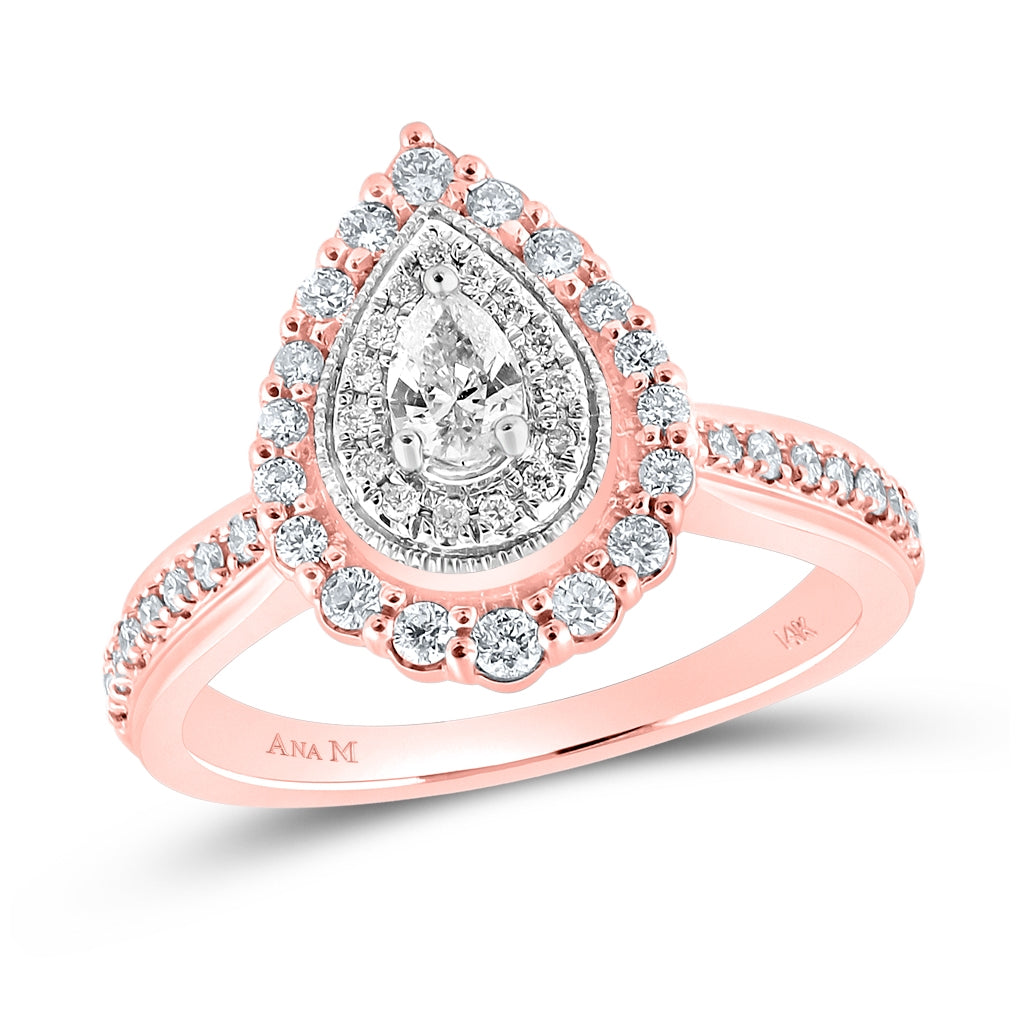 14K Rose Gold Pear Diamond Halo Bridal Wedding Engagement Ring 5/8 Cttw, Womens Size: 5-10