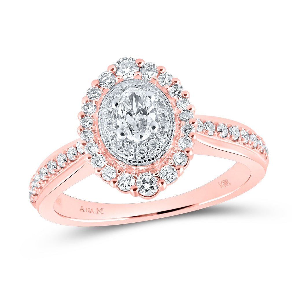 14K Rose Gold Oval Diamond Halo Bridal Wedding Engagement Ring 5/8 Cttw, Womens Size: 5-10