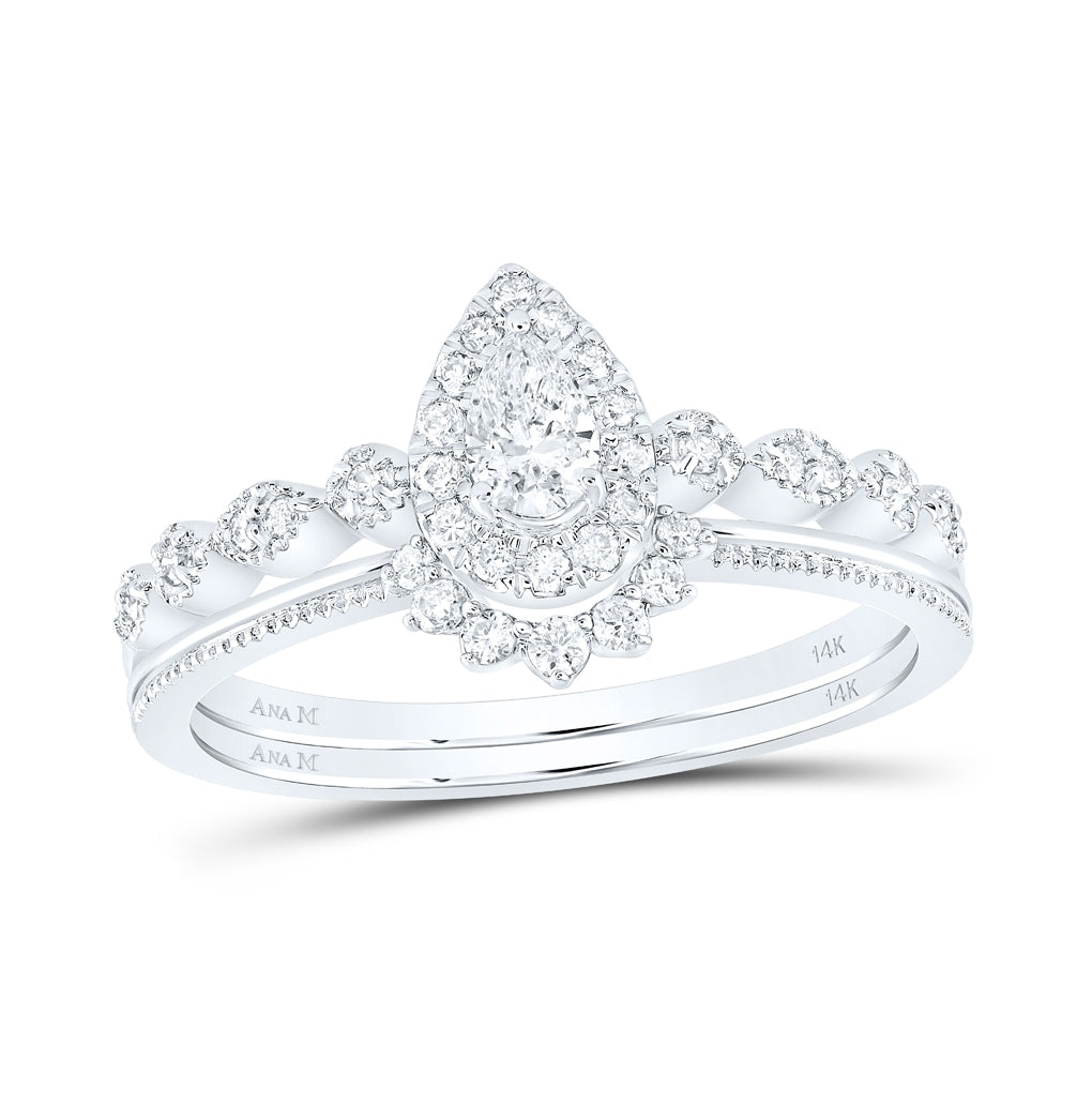 14K White Gold Pear Diamond Bridal Wedding Ring Band Set 3/8 Cttw, Womens Size: 5-10