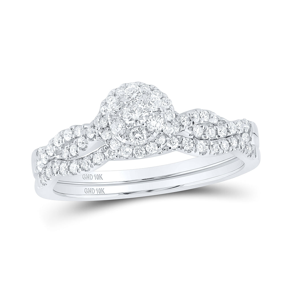 10K White Gold Round Diamond Cluster Bridal Wedding Ring Band Set 1/2 Cttw, Womens Size: 5-10