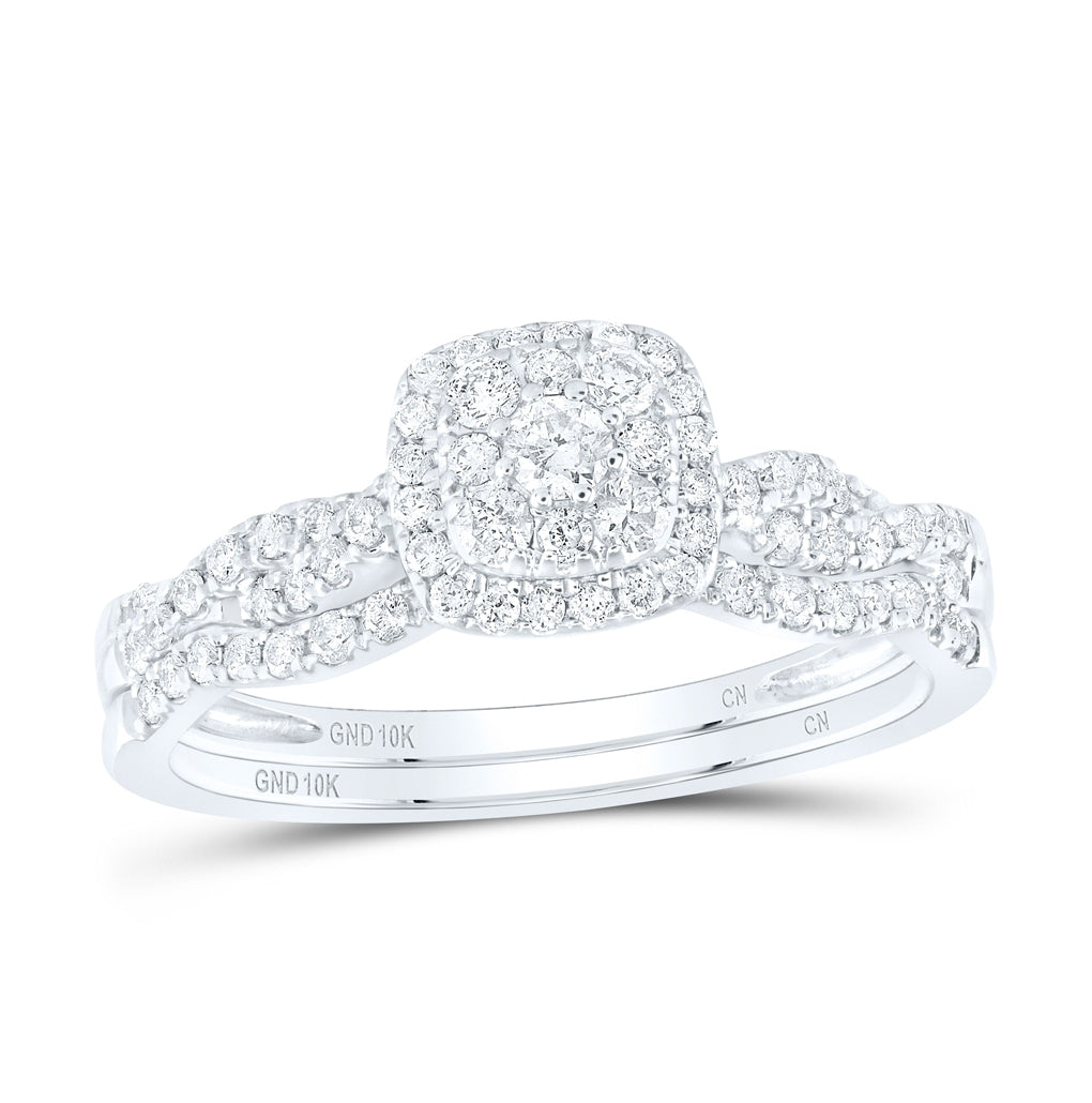 10K White Gold Round Diamond Halo Bridal Wedding Ring Band Set 1/2 Cttw, Womens Size: 5-10