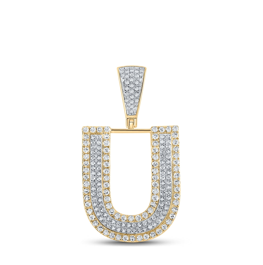 10K Two-tone Gold Mens Round Diamond Initial Letter Charm Pendant