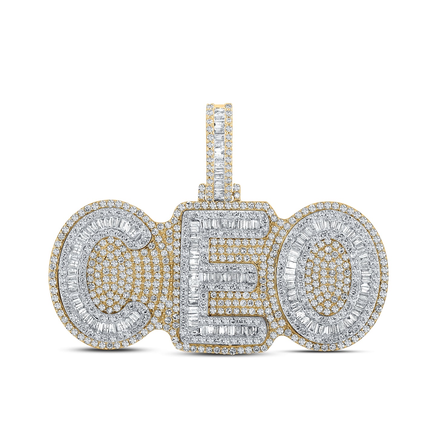 10K Two-tone Gold Mens Baguette Diamond CEO Charm Pendant 5 Cttw, Length: 1.89 In, Width: 2.32 In