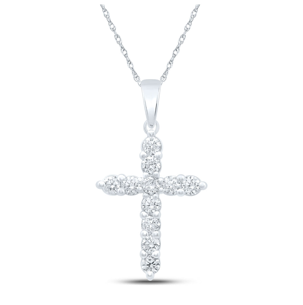 14K White Gold Womens Round Diamond Cross Pendant 1 Cttw