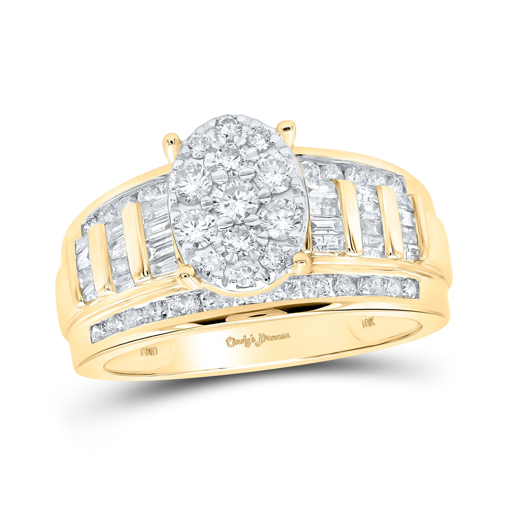 10K Yellow Gold Round Diamond Oval Cluster Bridal Wedding Engagement Ring 1 Cttw, Womens Size: 5-10