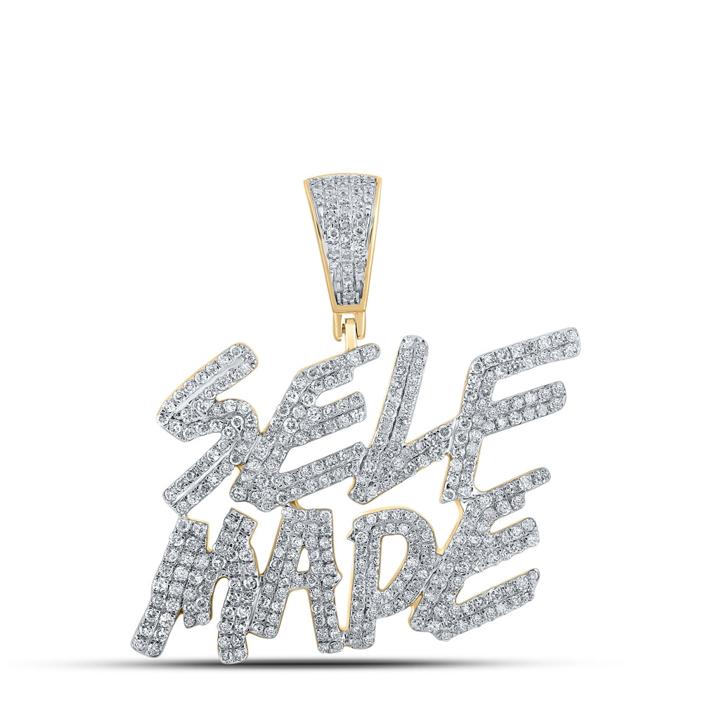 10K Yellow Gold Mens Round Diamond Self-Made Phrase Charm Pendant 1-3/8 Cttw, Length: 1.44 In, Width: 1.39 In