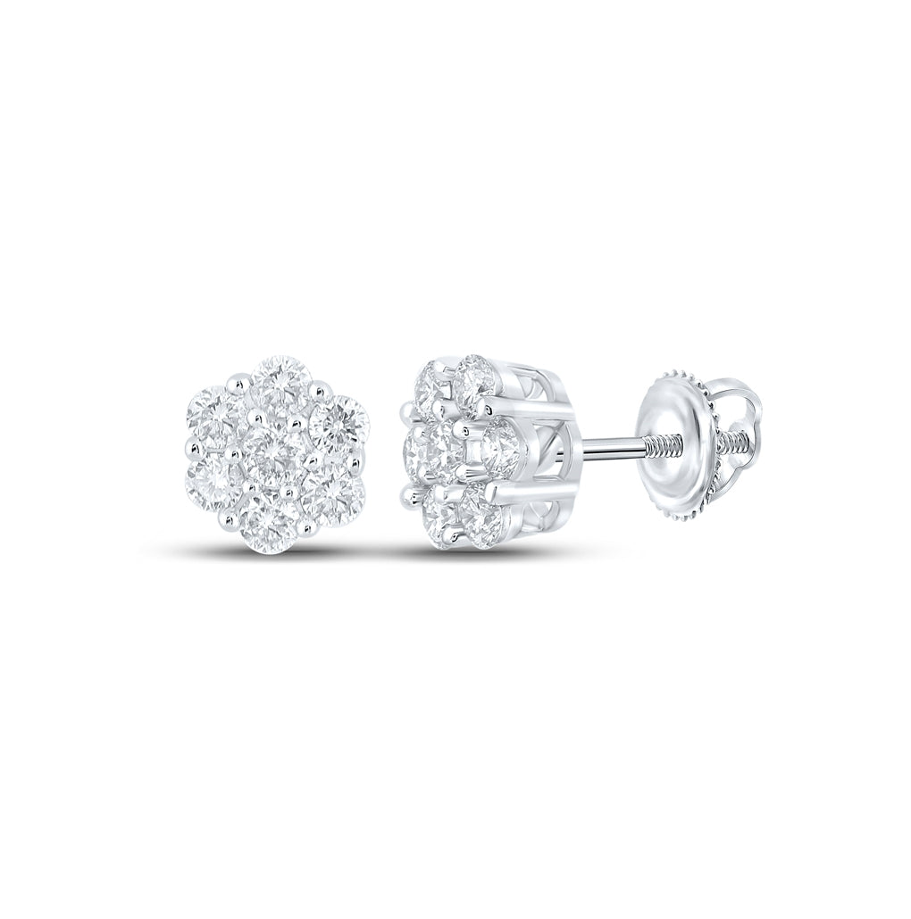10K White Gold Round Diamond Flower Cluster Earrings 3/4 Cttw