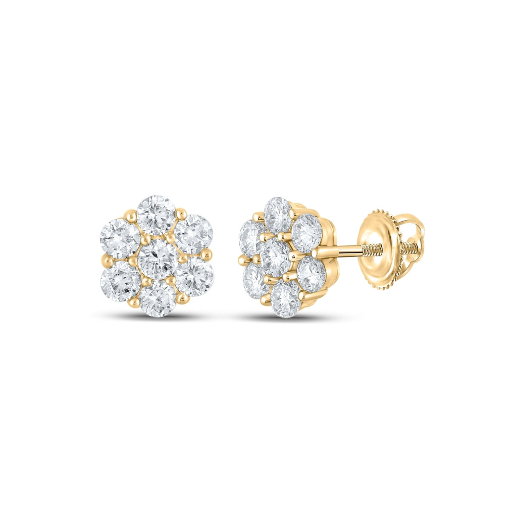 14K Yellow Gold Round Diamond Flower Cluster Earrings 1-7/8 Cttw