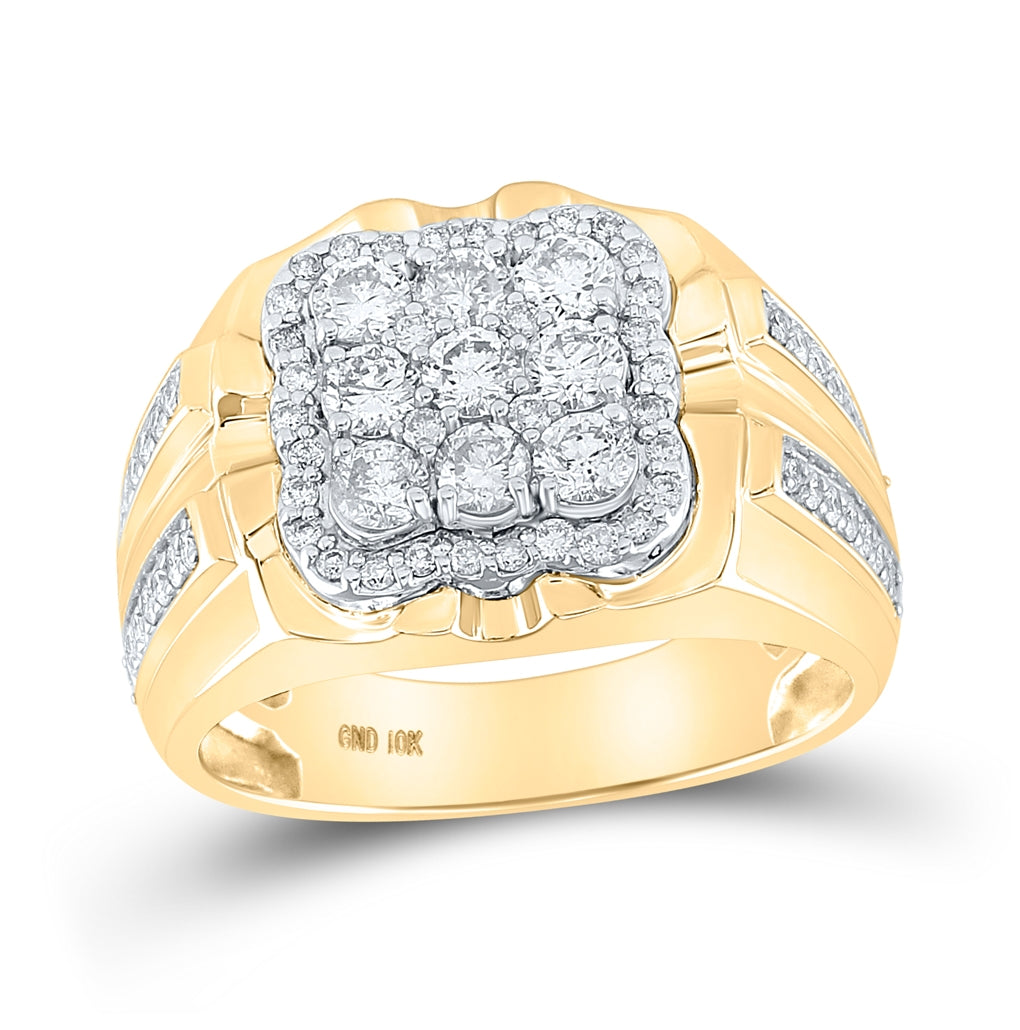 10K Yellow Gold Mens Round Diamond Square Cluster Ring 1-1/2 Cttw, Mens Size: 7-13