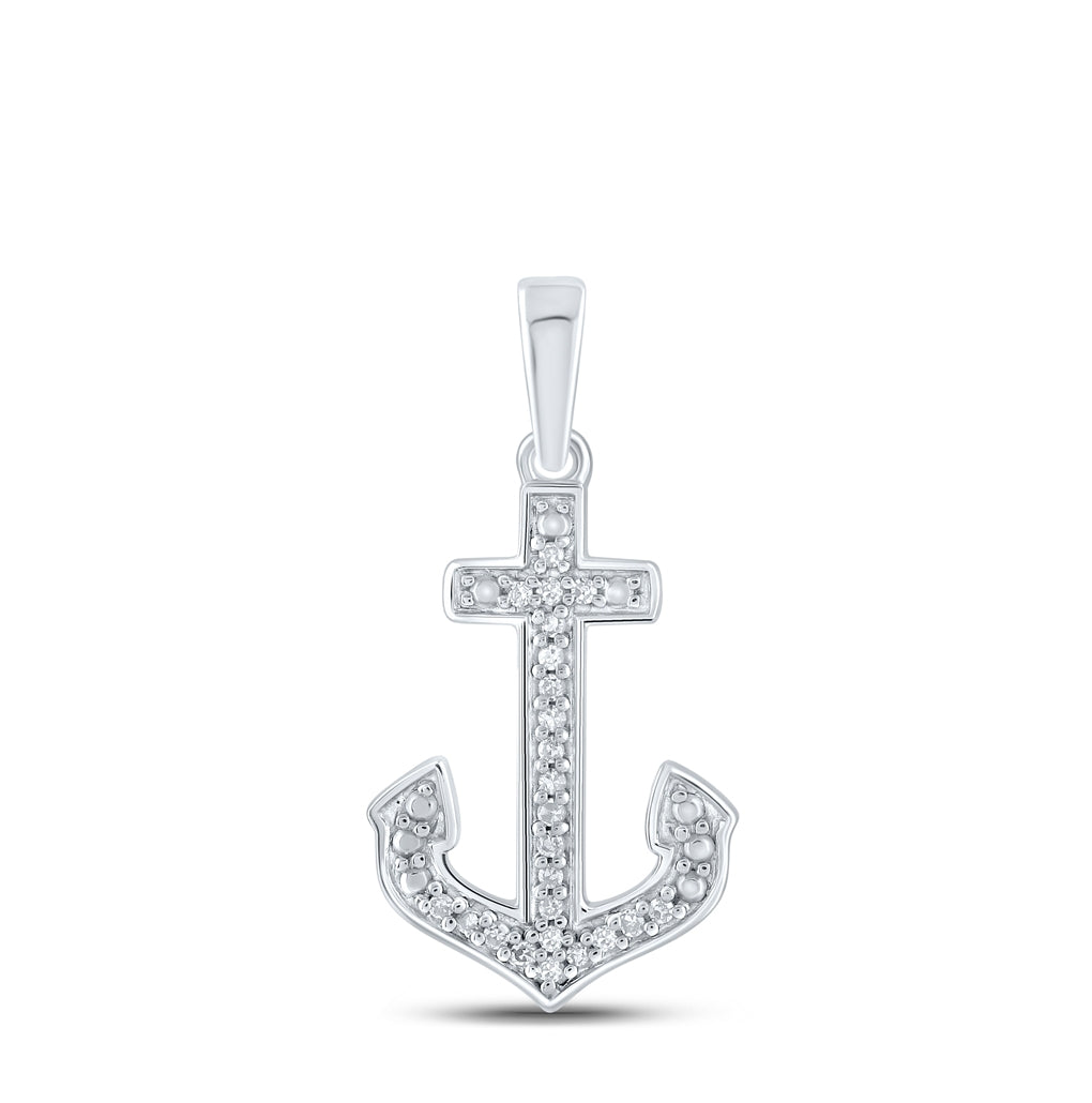 Sterling Silver Womens Round Diamond Anchor Nautical Pendant 1/12ctw